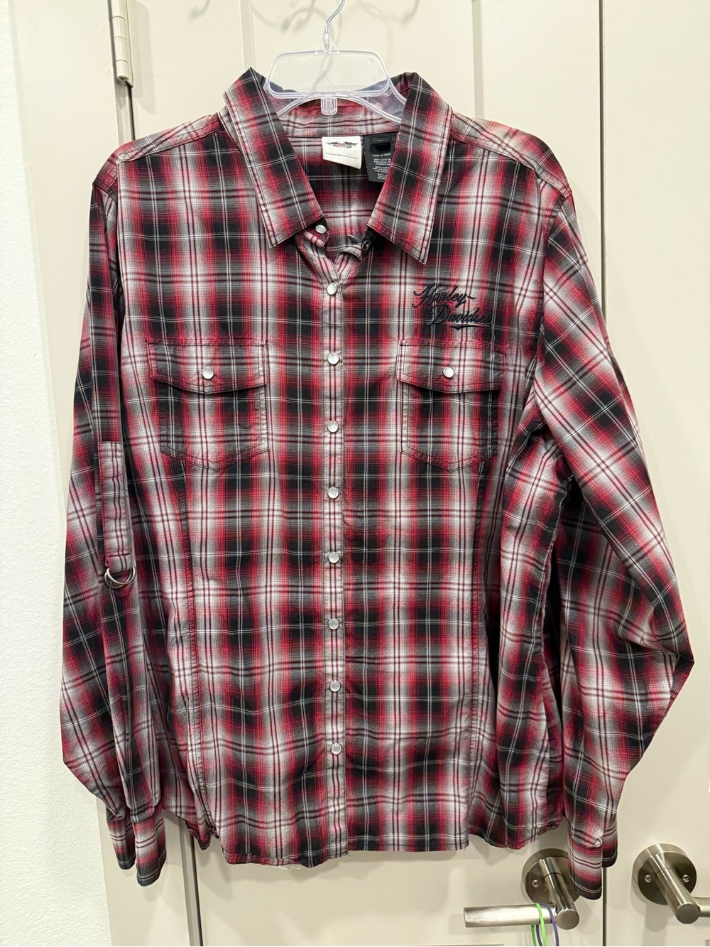 Harley-Davidson Red, Black and White Plaid Button-Down Shirt